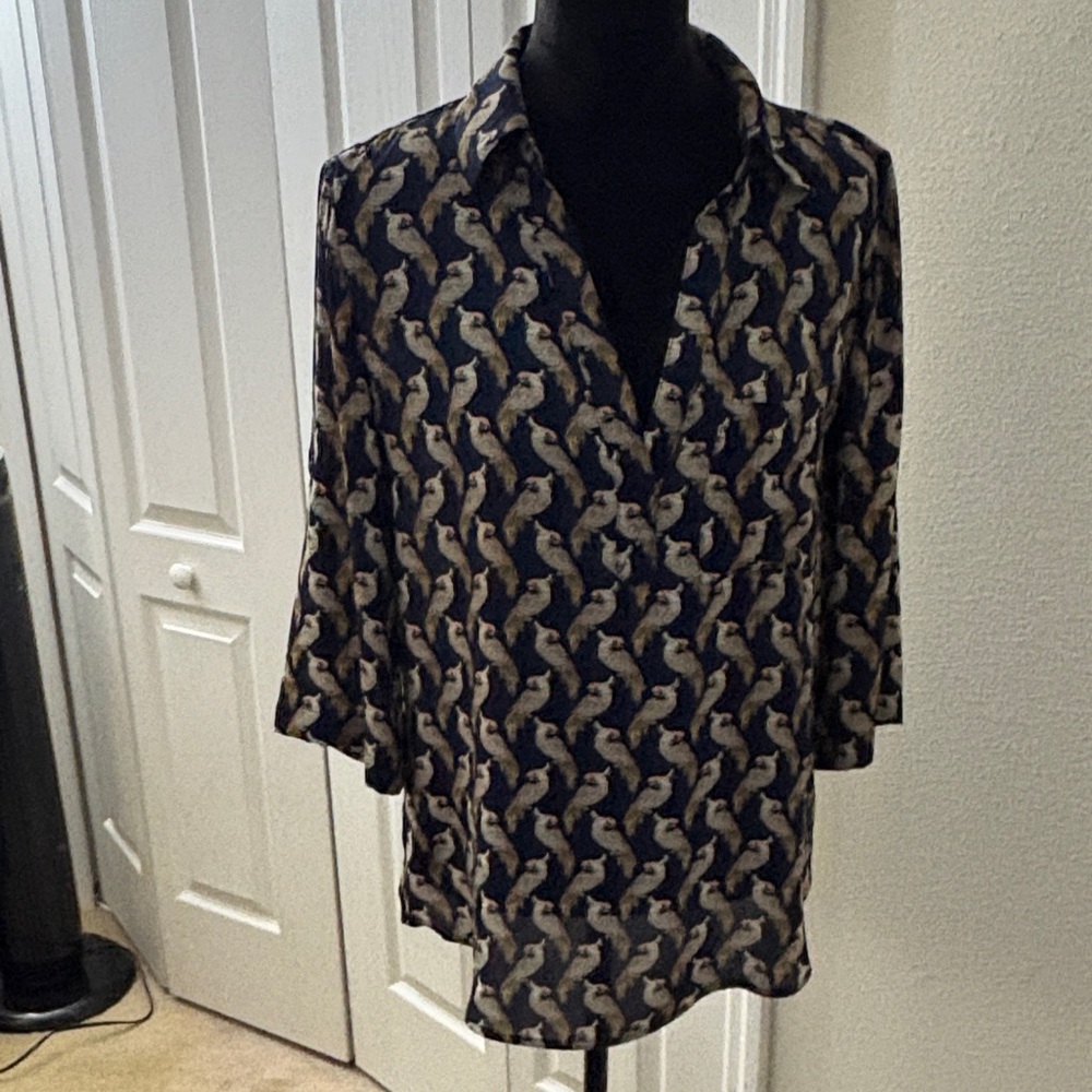 New York & Company Navy and Beige Blouse